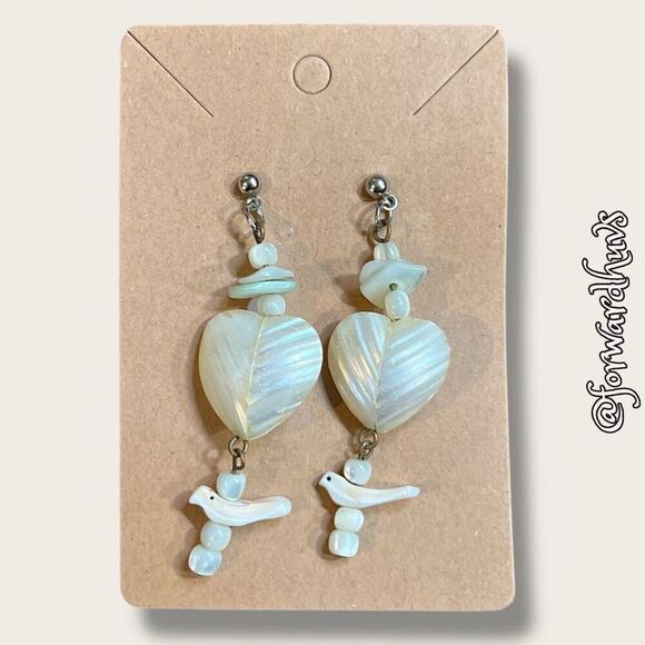 Mother of Pearl Heart Earrings with Bird and Bead Accents - Picture 3 of 6